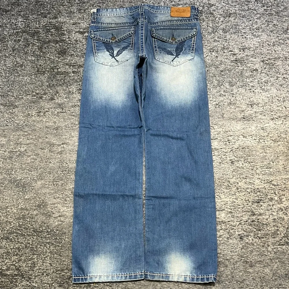 Akoo Jeans Mens 36x32 Blue Embroidered Denim Flap Pockets Streetwear Vintage Y2K